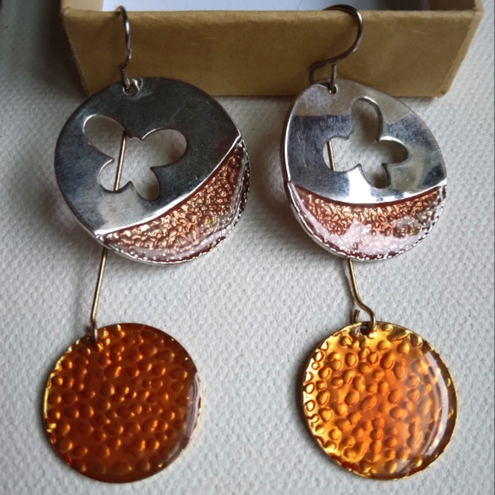 Silver Floral and Orange Enamel Disc Dangle Earrings